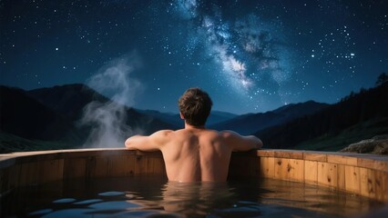 Person relaxing in a wooden hot tub under a starry night sky with the Milky Way visible above mountainous terrain