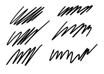 Collection of black scribbles and rough hand-drawn marks, isolated on a white background, representing abstract doodles and sketchy elements