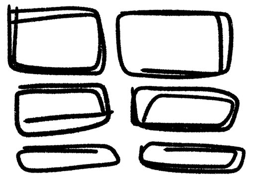 Collection of six hand-drawn rectangular frames in a minimalist doodle style. Set of black ink sketch borders and abstract shapes isolated on white