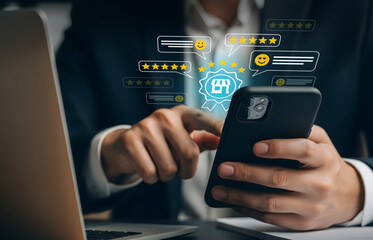 Managing Customer Reviews via Mobile Business Interface, Smartphone shows ratings, feedback, and storefront quality icons