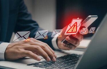 Email Security Alert in Digital Business Workflow, Smartphone and laptop show phishing warning in professional setting
