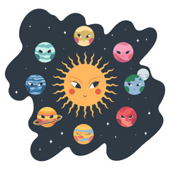 Cartoon Solar system in round shape. Abstract Solar system with cute boho planets, Sun and Moon. Vector illustration