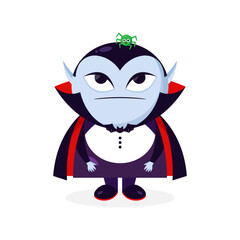 Cute cartoon Dracula vampire with a spider on his head. Dracula character. Vector illustration