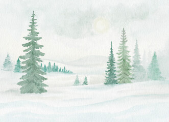 A full digital watercolor illustration of a serene snowy winter landscape with trees and distant sun, perfect for greeting cards and complete scene designs.