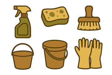 Essential household cleaning tools including spray bottle, sponge, brush, buckets, and gloves for domestic tasks