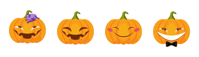 Set of funny Halloween pumpkins in flat style. Pumpkin icon set. Vector illustration