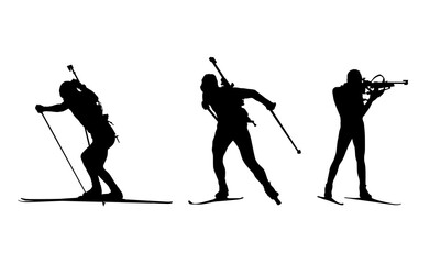 Biathlon, winter sport. Group of silhouettes of biathlon athletes in action &ndash; two skiing on cross-country skis and one shooting in standing position with a rifle