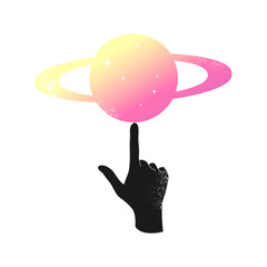 Saturn on a forefinger. Colored Saturn silhouette on a human hand. Vector illustration