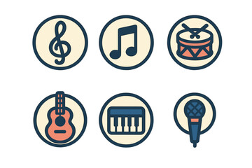 Modern flat design icons depicting musical instruments and symbols like guitar, drum, keyboard, and microphone