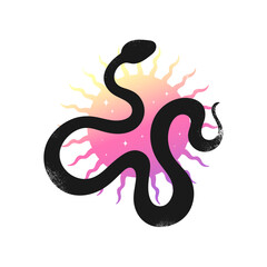Black snake silhouette on gradient sun decorated with stars. Celestial emblem with serpent. Vector illustration