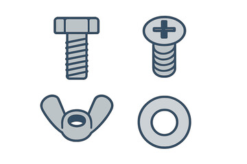 Assortment of common metal fasteners including a bolt, screw, wing nut, and washer for construction and repair