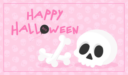 Halloween greeting banner with a cartoon human skull and bones. Vector illustration