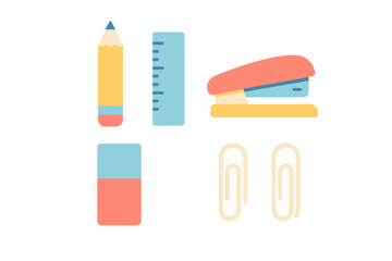 Assortment of colorful school and office supplies including pencil, ruler, stapler, eraser, and paper clips