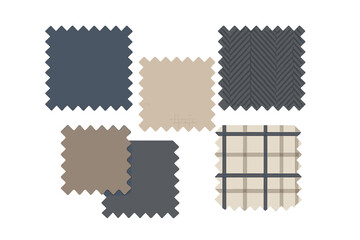 Set of modern fabric swatches featuring plaid, herringbone, and solid designs in a neutral color palette