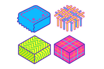 Abstract geometric shapes with diverse patterns and textures in bright colors and isometric perspective