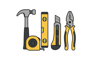 Essential construction and repair tools including hammer, tape measure, spirit level, utility knife, and pliers