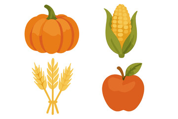 Vibrant autumn harvest produce collection featuring pumpkin corn wheat and apple on a clean white background