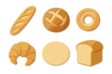 Variety of freshly baked golden brown bread products and breakfast pastries, showcasing different shapes and textures