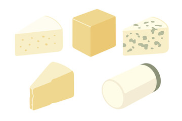 Isometric view of various cheese blocks and wedges, including soft, hard, and blue cheese varieties, arranged on a clean white background for culinary themes