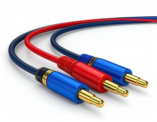 Three audio cables with red and blue plugs