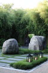Serene zen garden patio, with large stones, lush bamboo, and warm lighting.