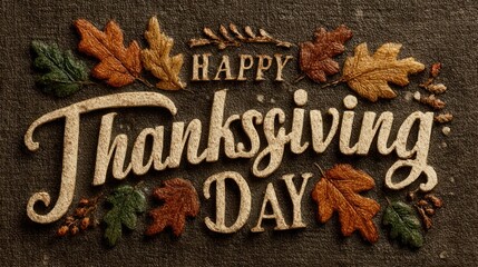 Thanksgiving Day decorative lettering in elegant flowing script surrounded by pumpkin leaves, flat graphic art