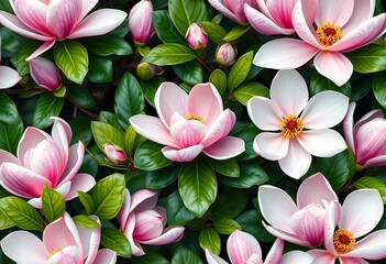 Fototapeta premium Elegant magnolia blossom pattern, showcasing delicate petals and lush greenery, nature, pattern