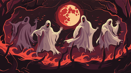 Group of ghosts wearing cloaks dancing together illustration