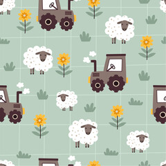 Seamless pattern with tractors and sheep on a checkered background. Design for children's pastel linen.