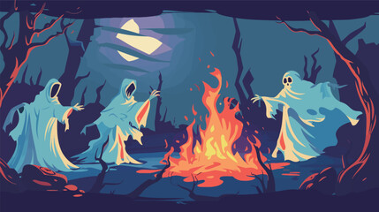 Group of ghosts wearing cloaks dancing together illustration