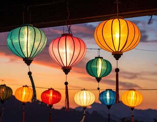 Fototapeta premium Colorful Lanterns at Sunset Over Rural Landscape