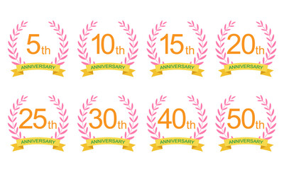 アニバーサリー周年記念ローレルリース 黄リボン付きベクター素材（5周年, 10周年, 15周年, 20周年, 25周年, 30周年, 40周年, 50周年）