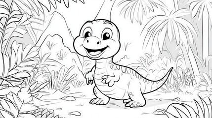 Obraz premium A cheerful dinosaur stands among tropical plants with a friendly smile, surrounded by playful details. The scene blends nature, whimsy, and character design in a fun and imaginative illustration.