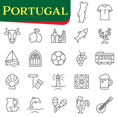 Set of icons of Portuguese culture, symbols, and landmarks. Symbols of Portugal.