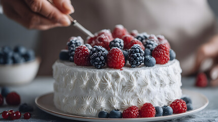 A beautifully crafted cake topped with fresh raspberries and blueberries, showcasing a sweet, inviting aesthetic.