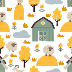 Autumn pattern with goats and sheep.