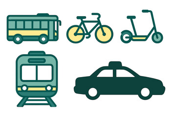 Fototapeta premium Diverse set of urban transportation modes featuring public transit, personal mobility, and taxi services for modern city travel