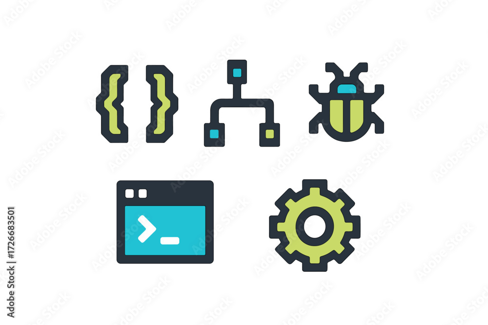 Wall mural programming and software development icons set with code braces, bug, terminal, flowchart, and gear 