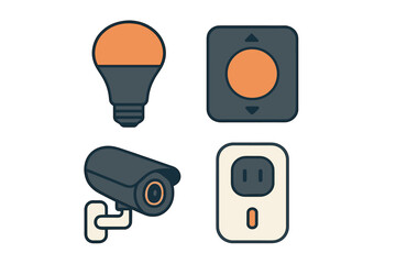 Smart home devices set with light bulb, security camera, remote control, and power outlet for automation