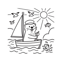  Otter Otti Sailing Small Boat With Sailor Hat Fish And Seagulls Line Art Design.