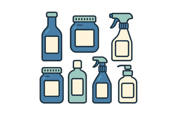 Collection of diverse household cleaning and personal care product containers with customizable blank labels