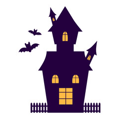 A spooky castle silhouette with windows, towers, and bats on Halloween night. Vector illustration.