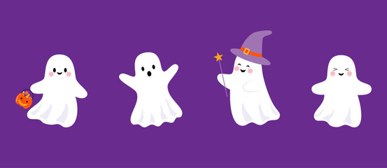 Cute Halloween ghosts on a purple background. Happy Halloween! Postcard, cover, advertisement, flyer, discounts, and sales.