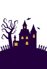 A creepy castle silhouette with windows and bats on Halloween night. Vector illustration.