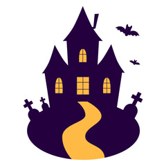 A spooky castle silhouette with windows, bats, and a cemetery on Halloween night. Vector illustration.