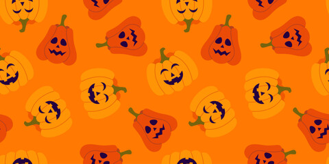 Seamless pattern of scary pumpkins. Halloween design. Vector cartoon.