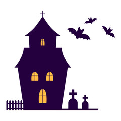 A creepy church silhouette with windows, bats, and a cemetery on Halloween night. Vector illustration.