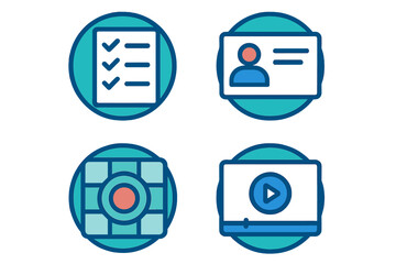 Collection of digital interface icons featuring checklist, user profile, dashboard, and video player elements