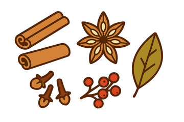 Collection of aromatic cooking spices and herbs including cinnamon sticks, star anise, cloves, bay leaf, and red berries