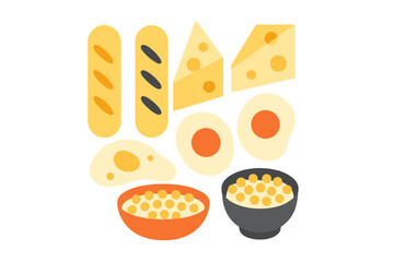 Stylized collection of essential breakfast and meal ingredients featuring baguettes cheese eggs and cereal bowls